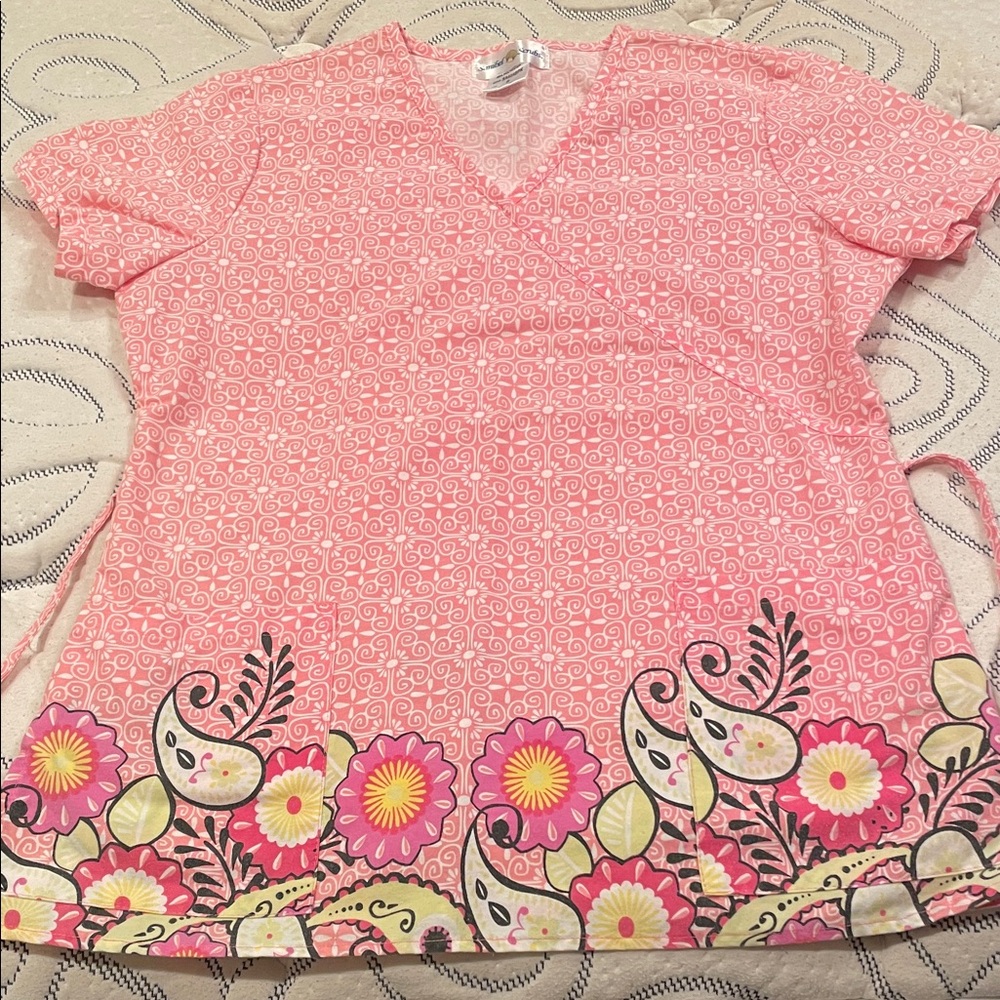 Floral Print Pink V-Neck Scrub Top